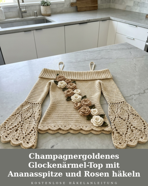 Champagnergoldenes Glockenärmel-Top mit Ananasspitze und Rosen häkeln
