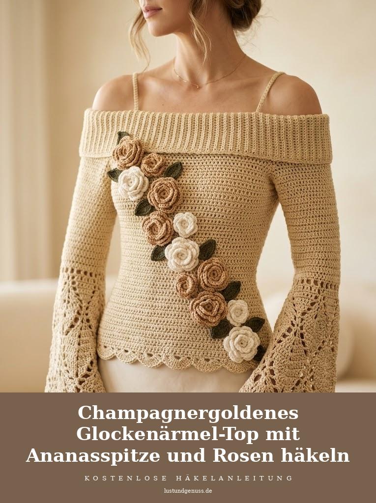 Champagnergoldenes Glockenärmel-Top mit Ananasspitze und Rosen häkeln
