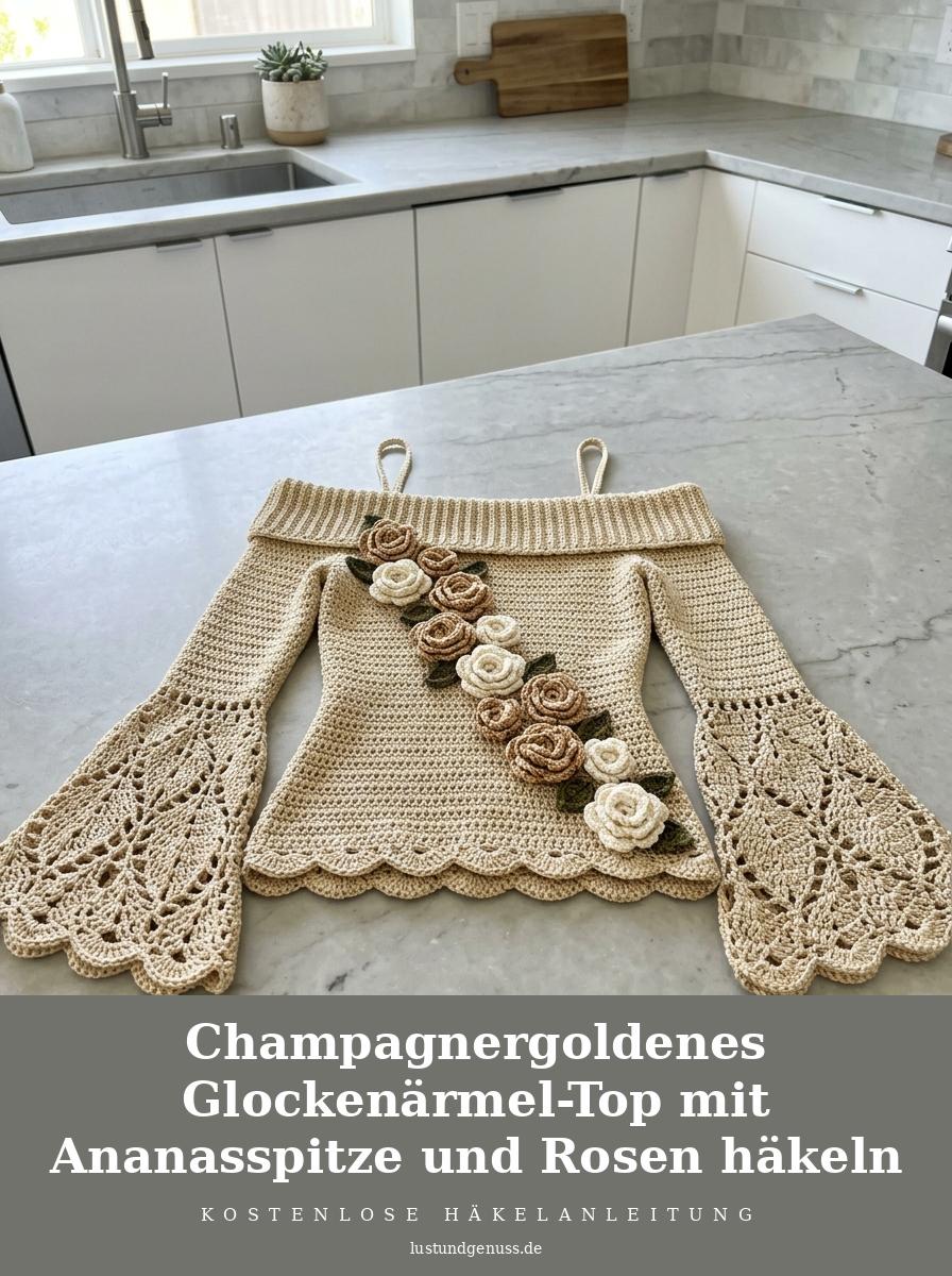 Champagnergoldenes Glockenärmel-Top mit Ananasspitze und Rosen häkeln