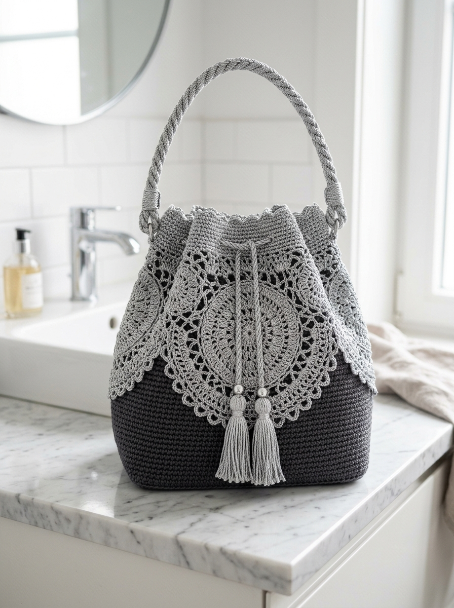 Bucket-Bag mit Spitzenmedaillon in Mitternachtsblau häkeln