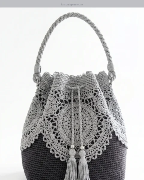 Bucket-Bag mit Spitzenmedaillon in Mitternachtsblau häkeln