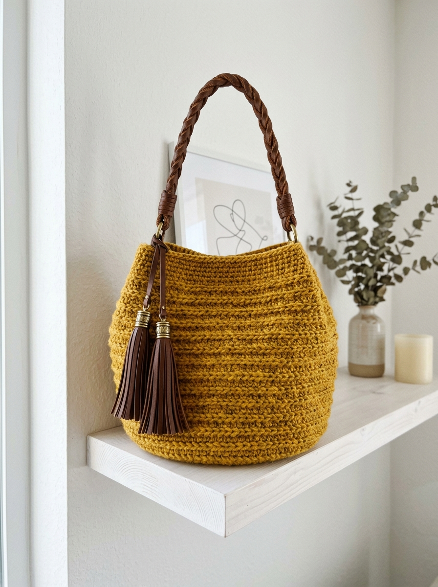 Boho-Tote in Senfgelb mit Lederquasten häkeln