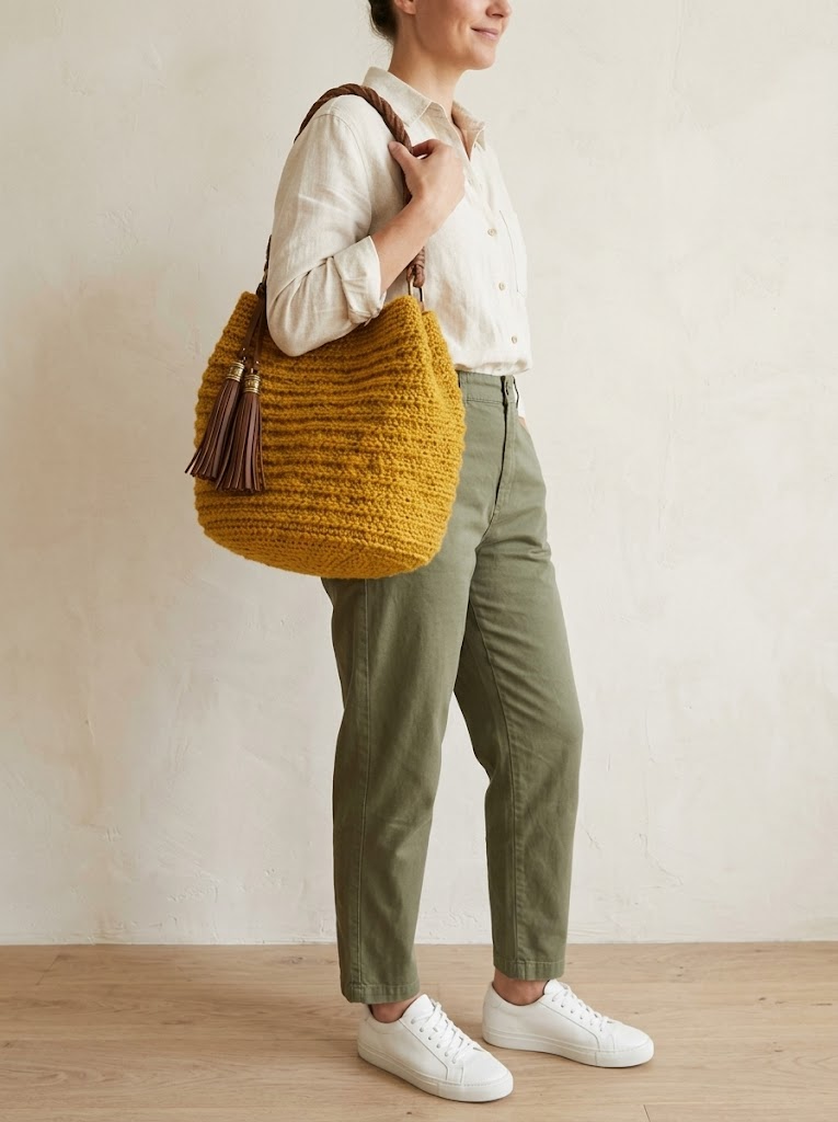 Boho-Tote in Senfgelb mit Lederquasten häkeln