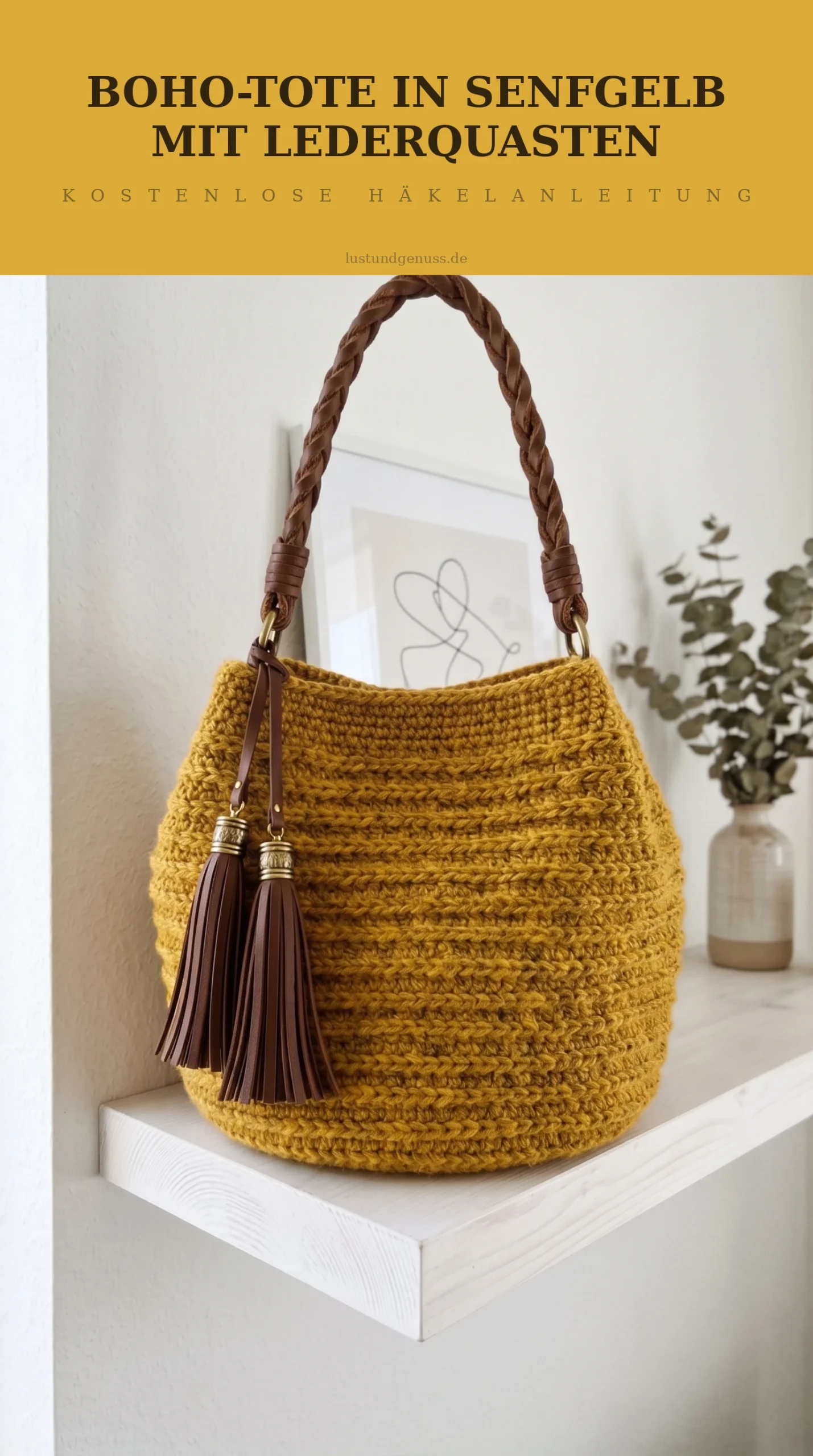 Boho-Tote in Senfgelb mit Lederquasten häkeln