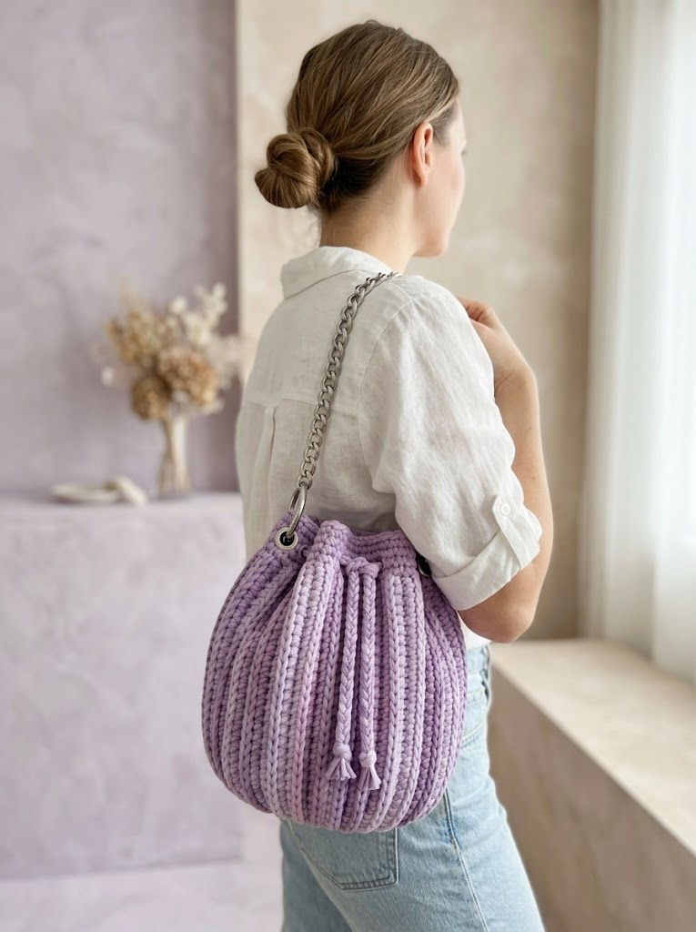 Bucket-Bag in Lavendel-Lila mit Kordelzug häkeln