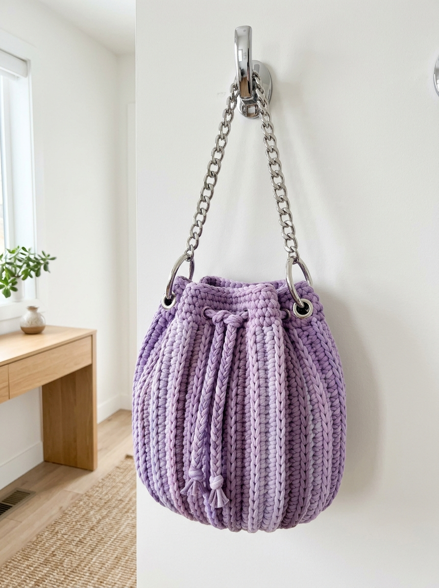 Bucket-Bag in Lavendel-Lila mit Kordelzug häkeln