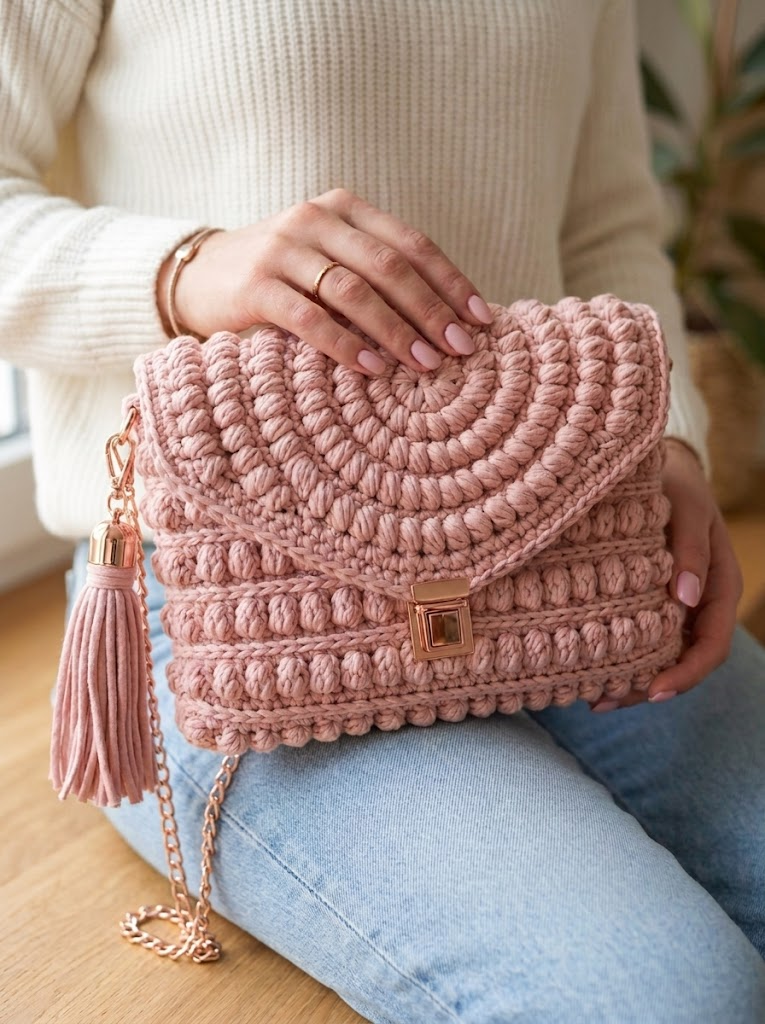 Spiral-Clutch in Blush-Rosa häkeln