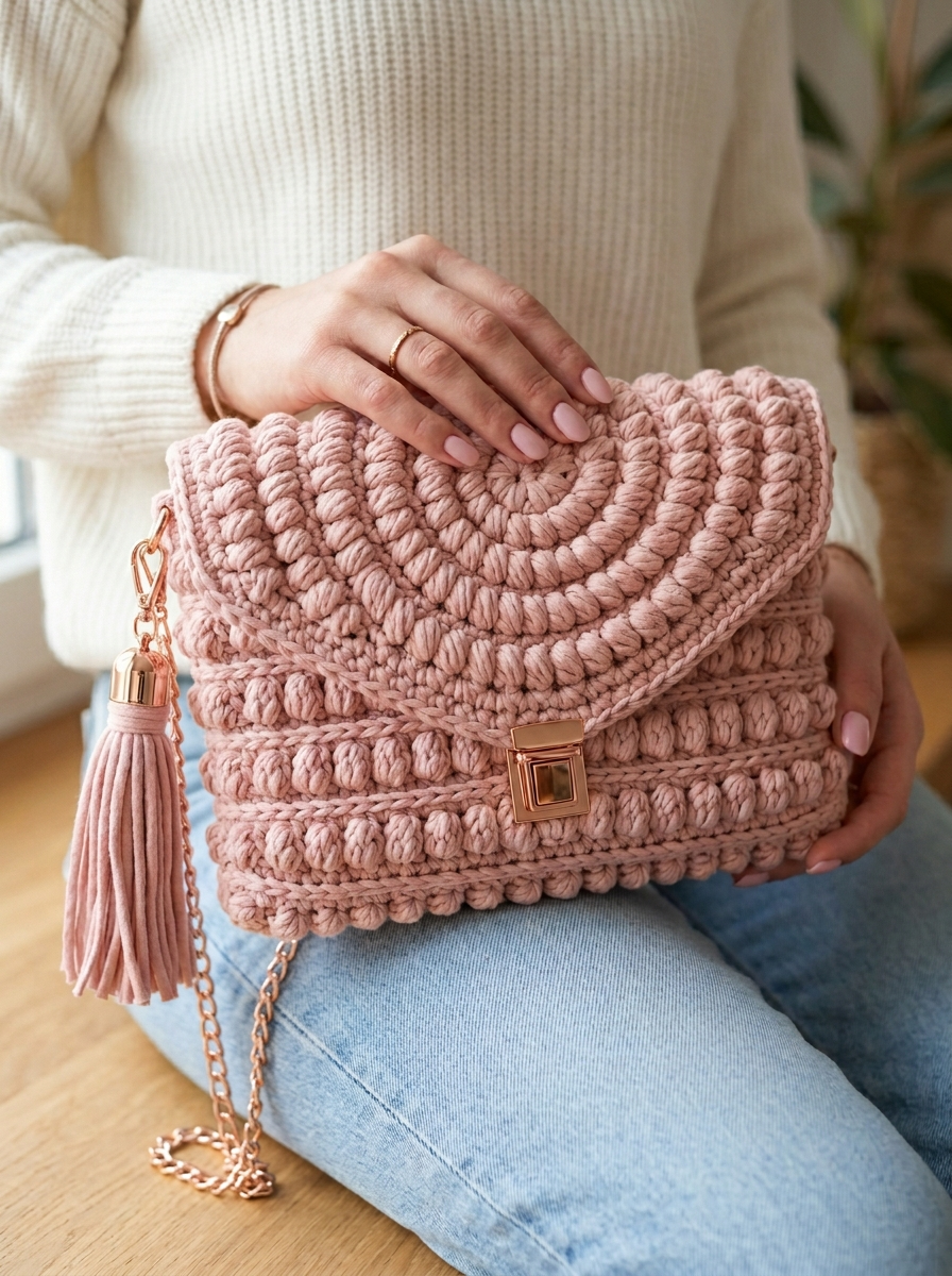 Spiral-Clutch in Blush-Rosa häkeln
