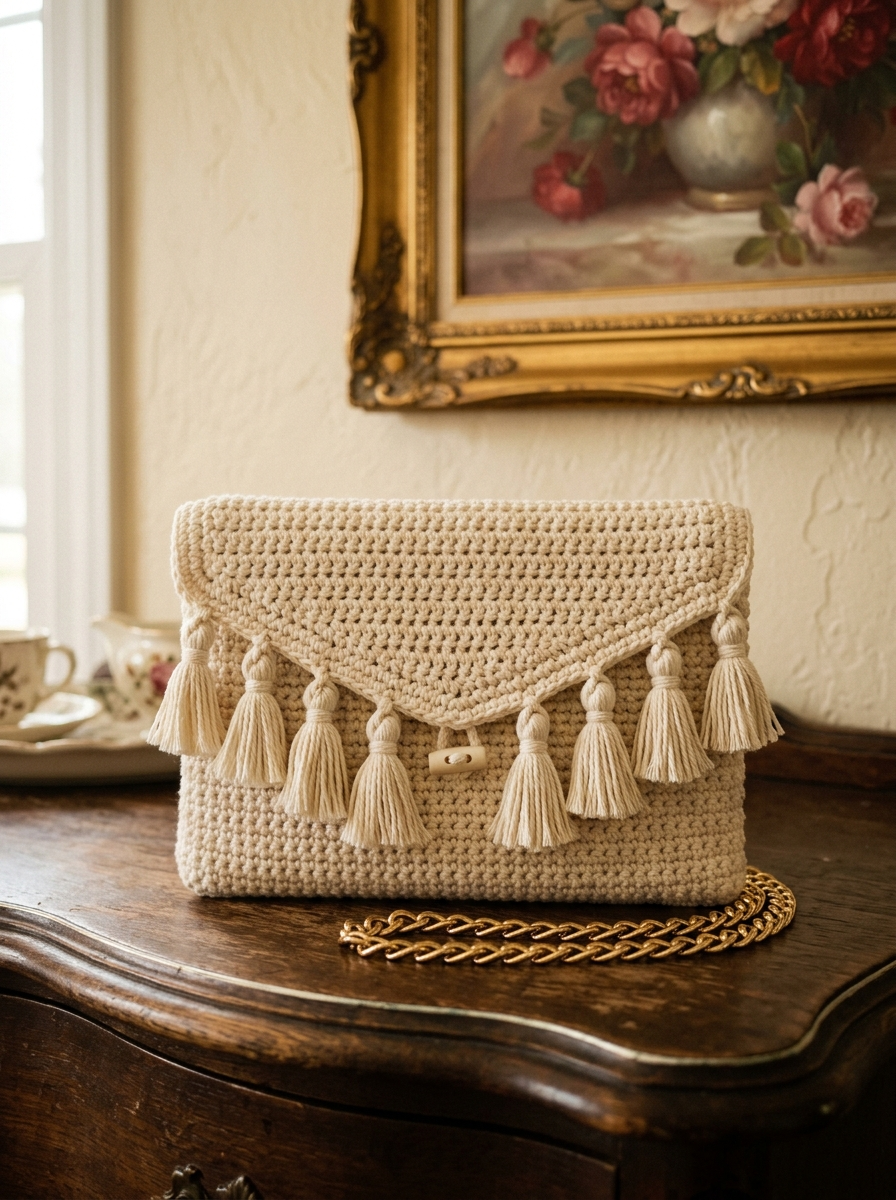 Boho-Clutch in Creme mit Quastenfransen häkeln