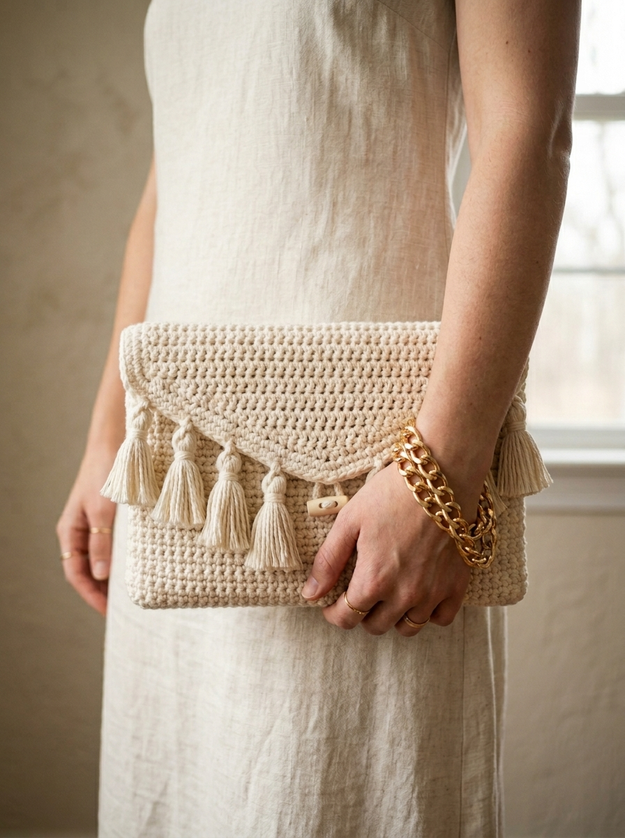 Boho-Clutch in Creme mit Quastenfransen häkeln