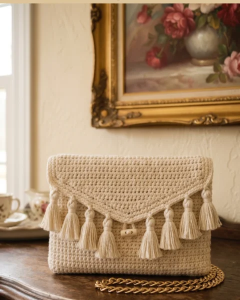 Boho-Clutch in Creme mit Quastenfransen häkeln