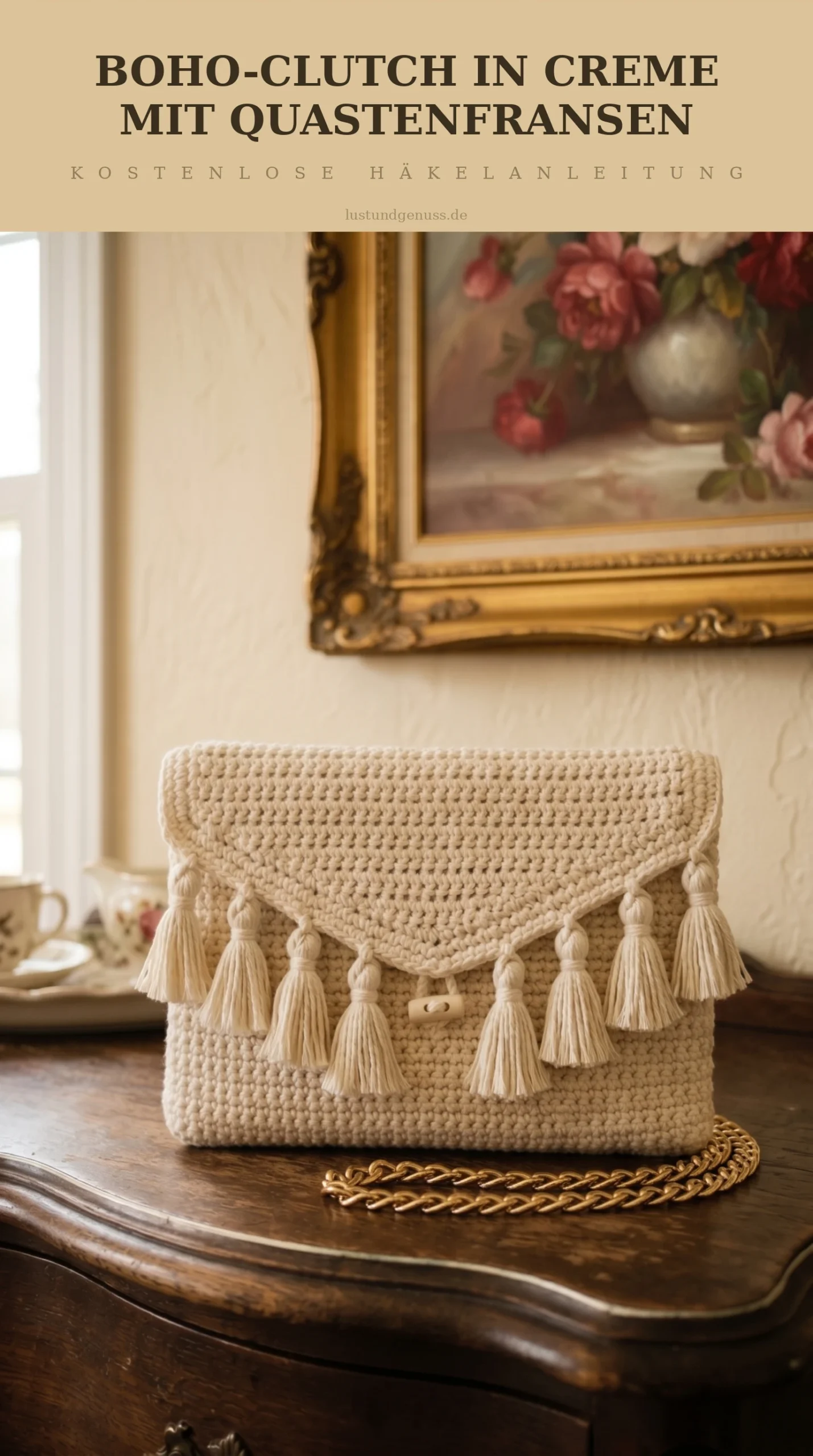 Boho-Clutch in Creme mit Quastenfransen häkeln