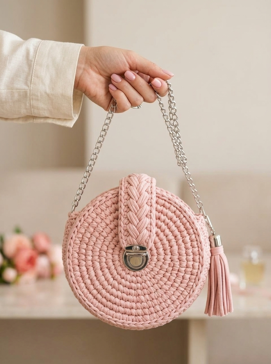 Runde Kettentasche in Blush-Rosa häkeln