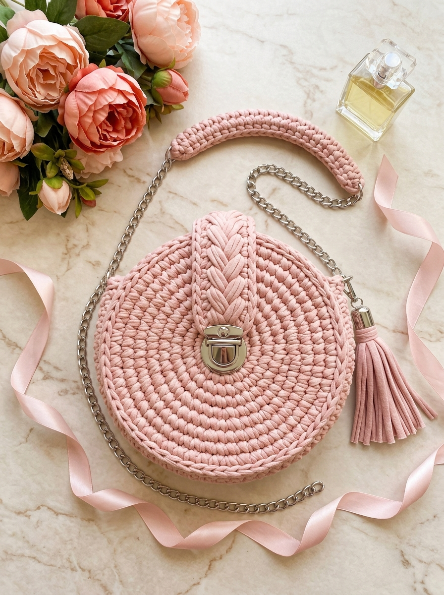Runde Kettentasche in Blush-Rosa häkeln