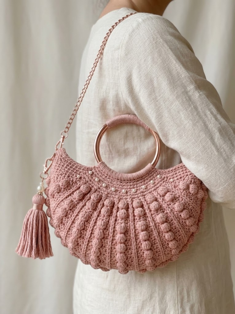 Muschel-Clutch in Rosé mit Perlen häkeln