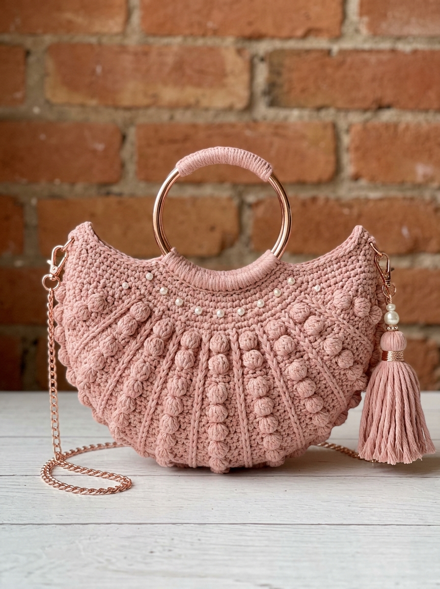 Muschel-Clutch in Rosé mit Perlen häkeln