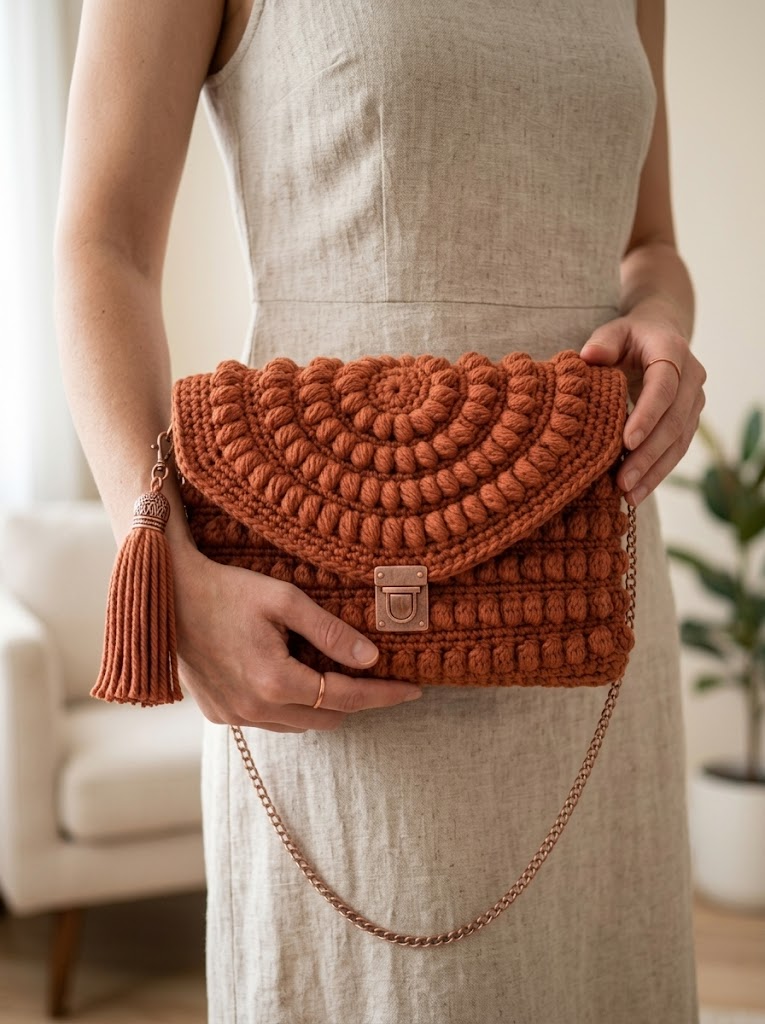Terrakotta-Clutch mit Noppenmuster häkeln
