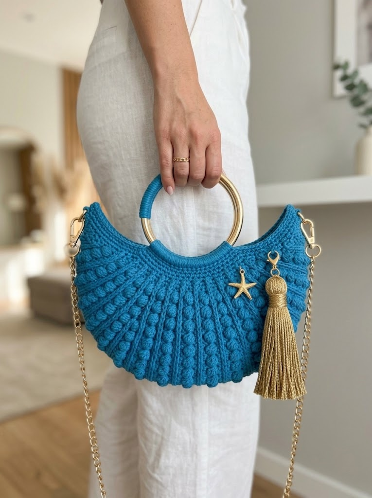 Mond-Clutch in Ozeanblau mit Goldquaste häkeln