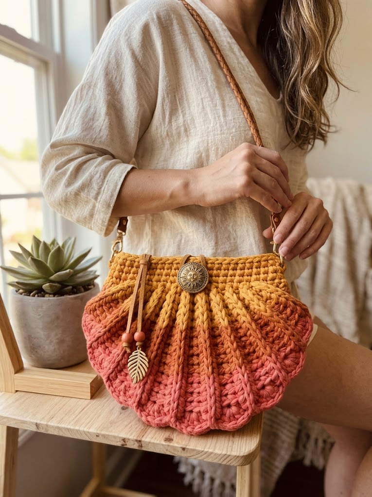 Muschel-Clutch in Sonnenuntergang-Ombre häkeln