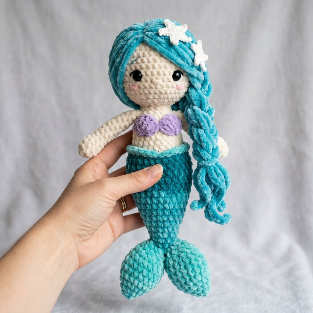 Ozeanblaue Meerjungfrau häkeln – Amigurumi-Puppe mit Chenilleschwanz