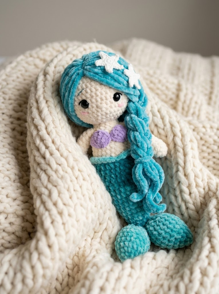 Ozeanblaue Meerjungfrau häkeln – Amigurumi-Puppe mit Chenilleschwanz