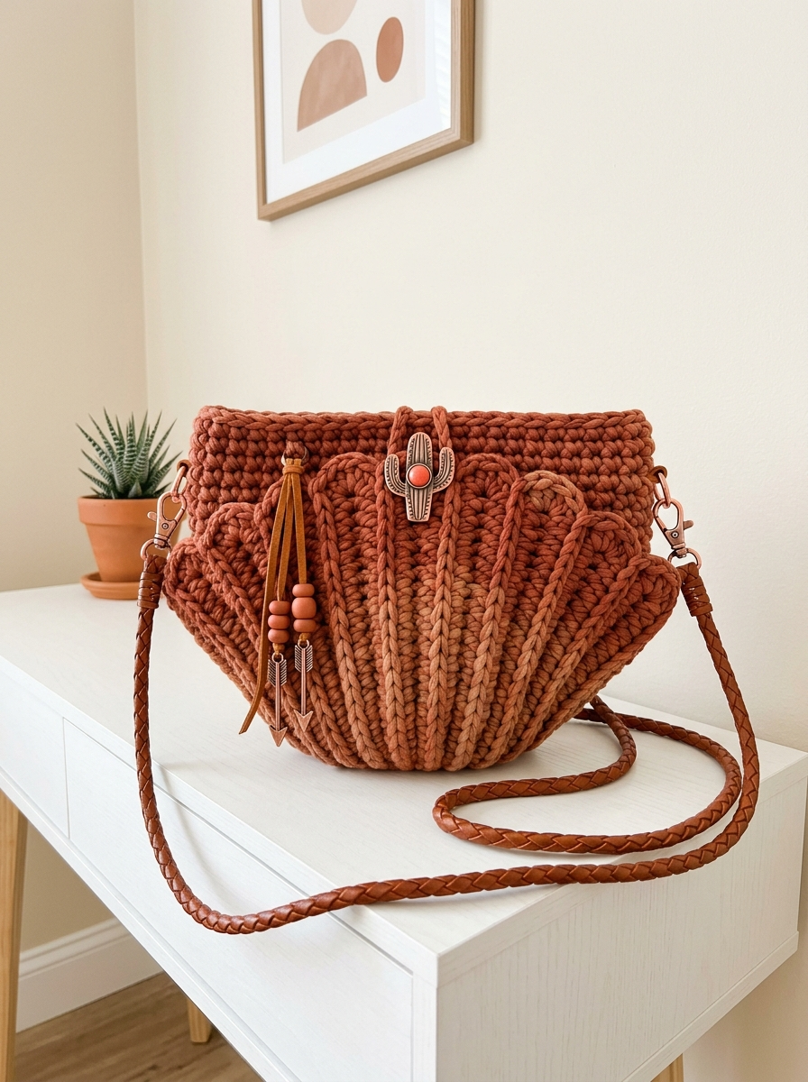 Terracotta Muschel-Handtasche im Wüstenstil häkeln