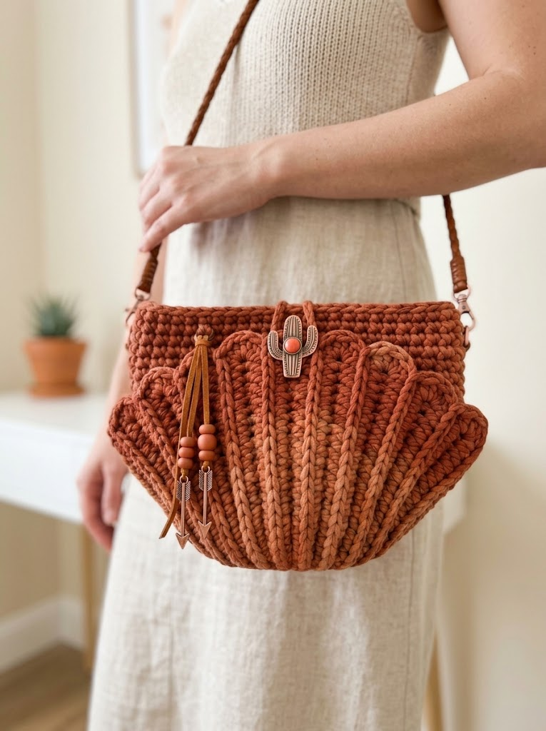 Terracotta Muschel-Handtasche im Wüstenstil häkeln