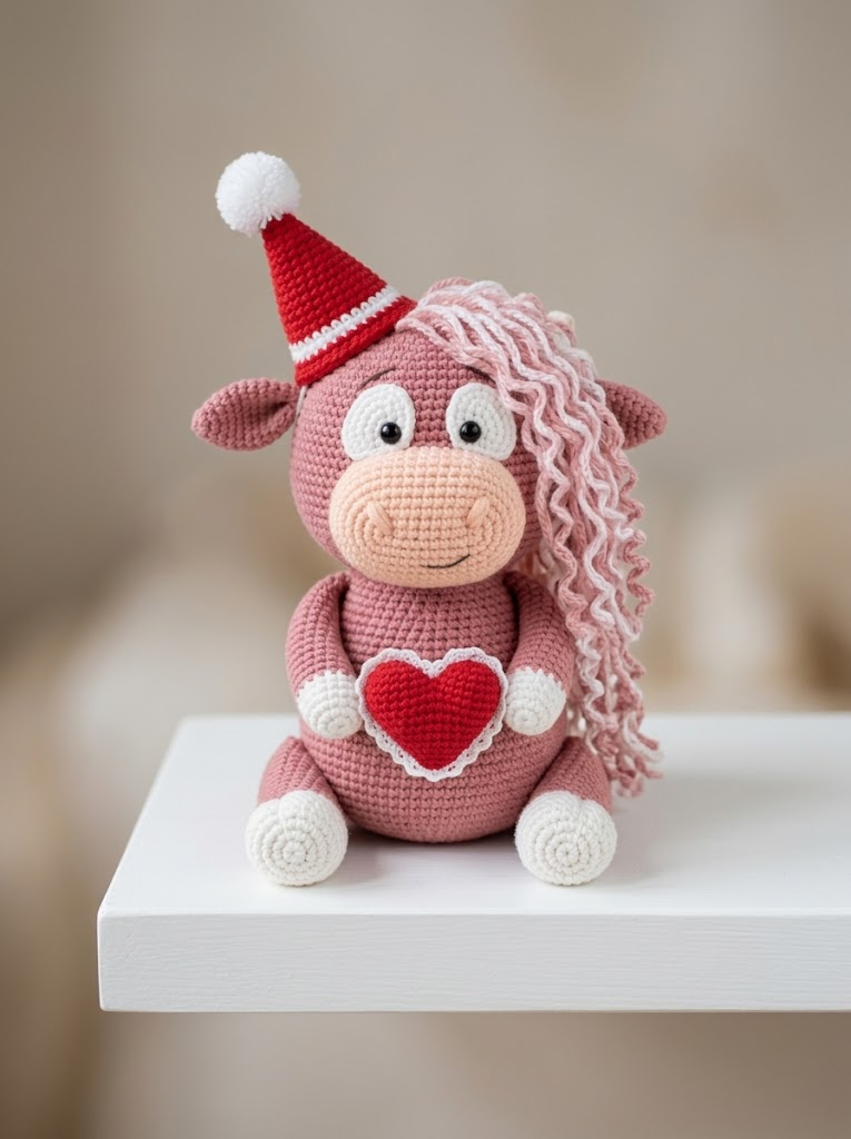Rosa Hochlandrind häkeln – Amigurumi-Kuh mit Weihnachtsmütze und Herz
