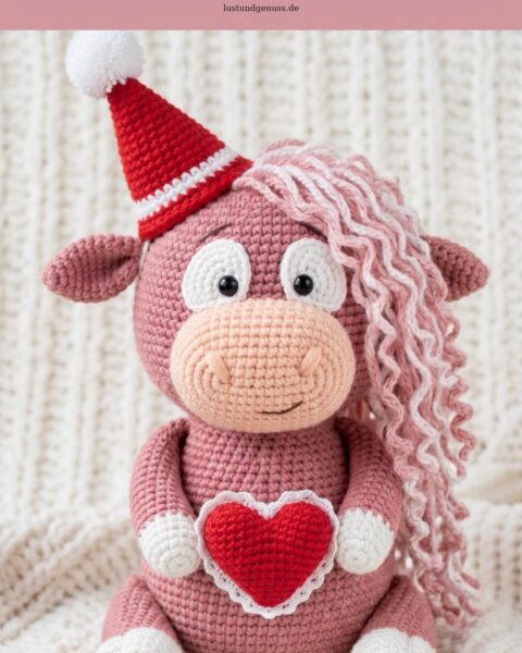 Rosa Hochlandrind häkeln – Amigurumi-Kuh mit Weihnachtsmütze und Herz