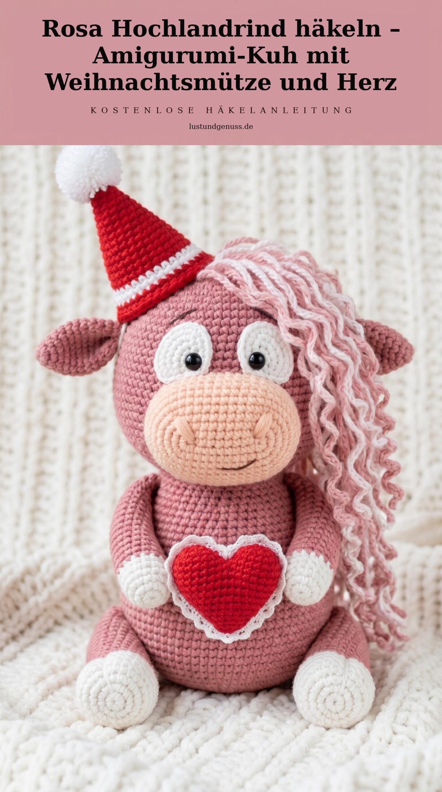 Rosa Hochlandrind häkeln – Amigurumi-Kuh mit Weihnachtsmütze und Herz