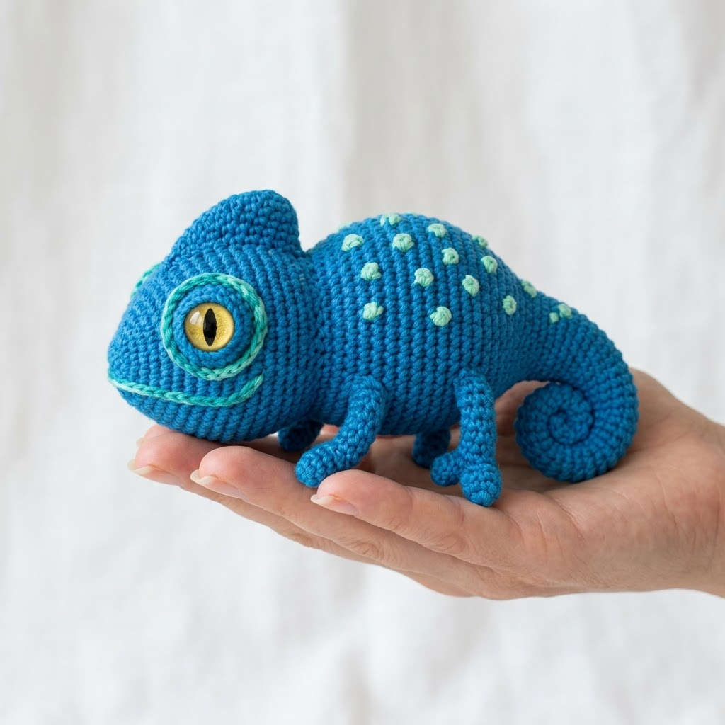 Chamäleon in Ozeanblau häkeln – Amigurumi-Anleitung