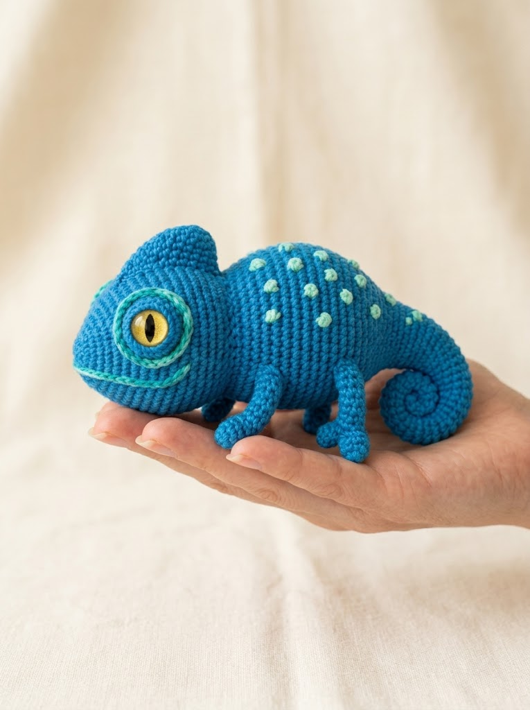 Chamäleon in Ozeanblau häkeln – Amigurumi-Anleitung