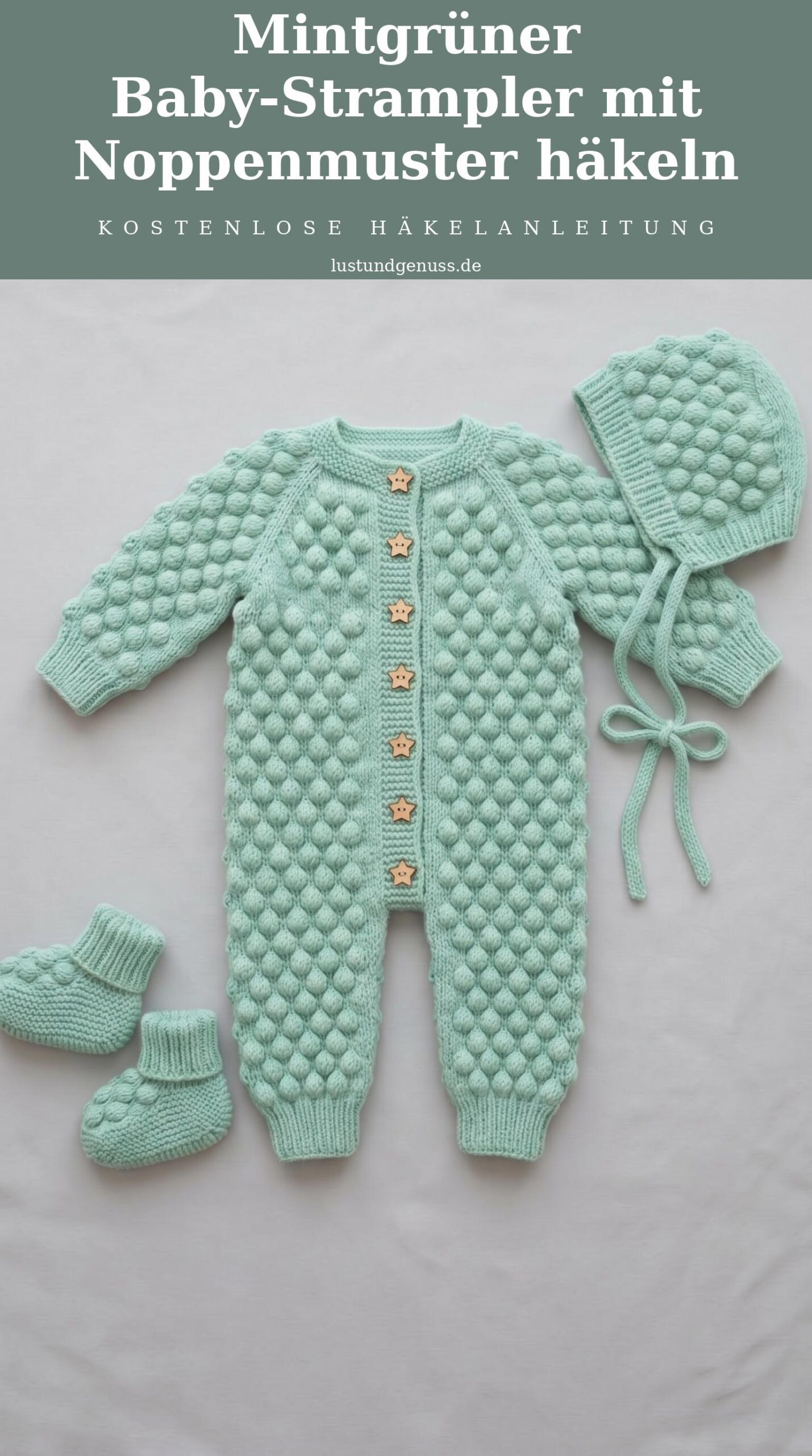 Mintgrüner Baby-Strampler mit Noppenmuster häkeln