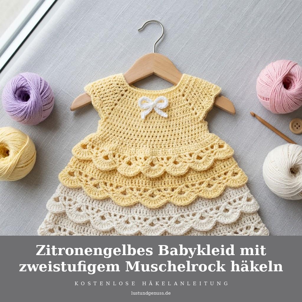Zitronengelbes Babykleid mit zweistufigem Muschelrock häkeln