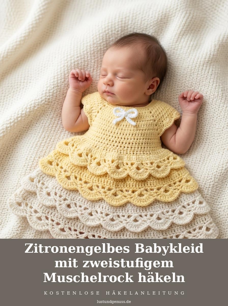 Zitronengelbes Babykleid mit zweistufigem Muschelrock häkeln