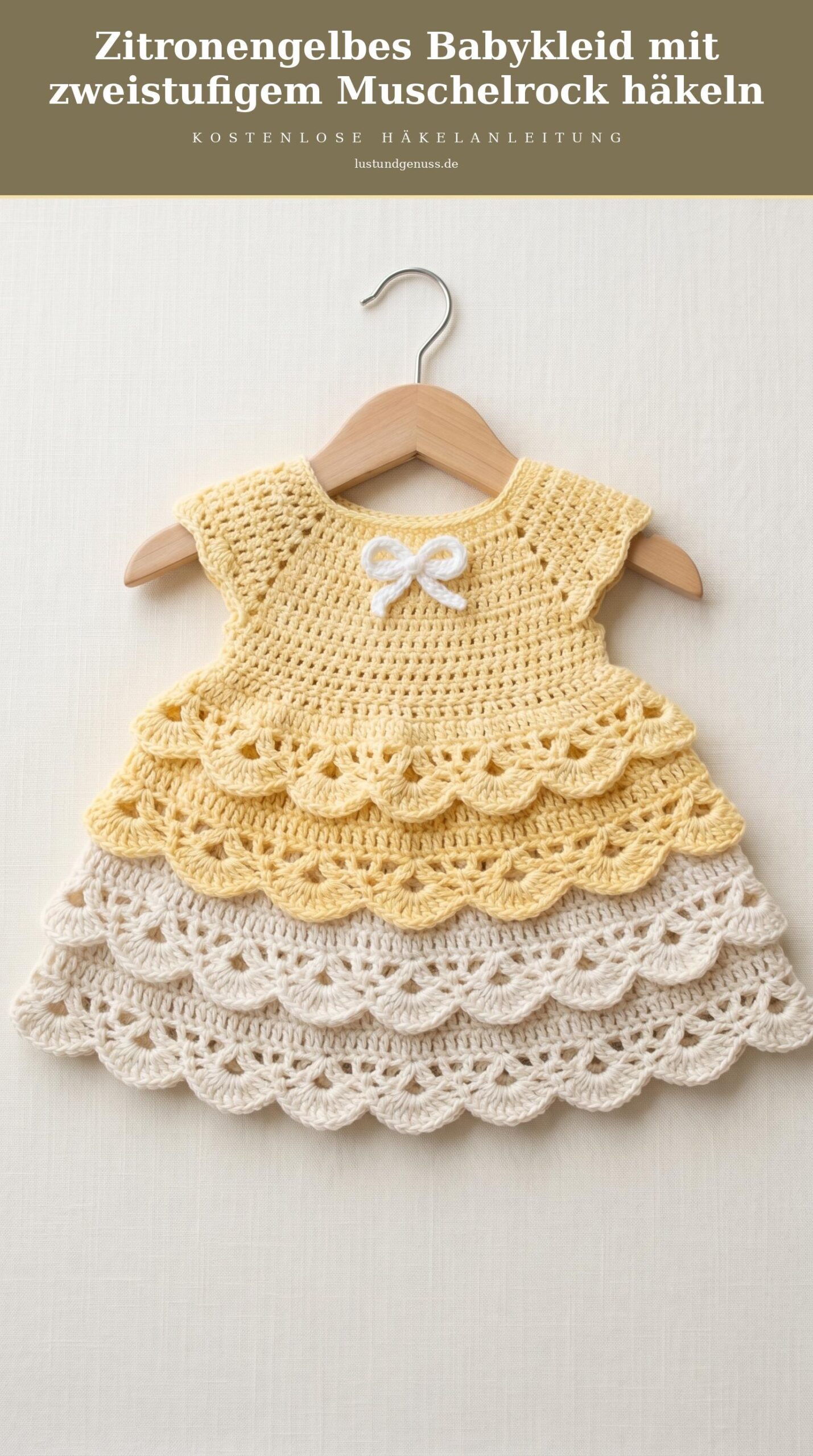 Zitronengelbes Babykleid mit zweistufigem Muschelrock häkeln