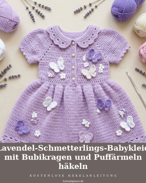 Lavendel-Schmetterlings-Babykleid mit Bubikragen und Puffärmeln häkeln