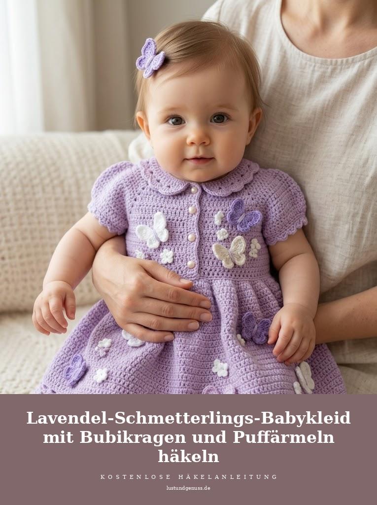 Lavendel-Schmetterlings-Babykleid mit Bubikragen und Puffärmeln häkeln