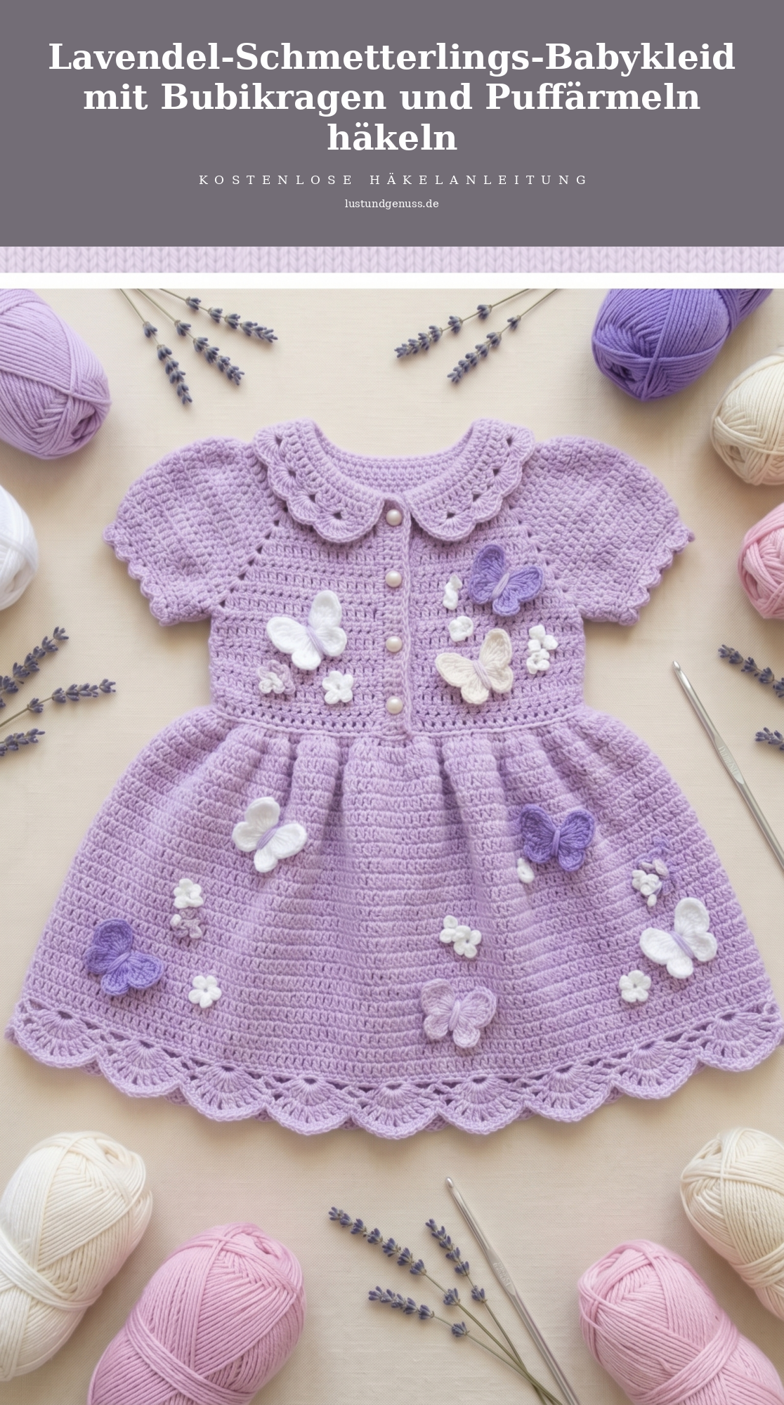 Lavendel-Schmetterlings-Babykleid mit Bubikragen und Puffärmeln häkeln