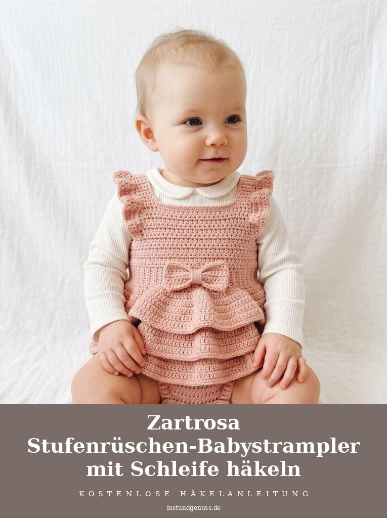 Zartrosa Stufenrüschen-Babystrampler mit Schleife häkeln