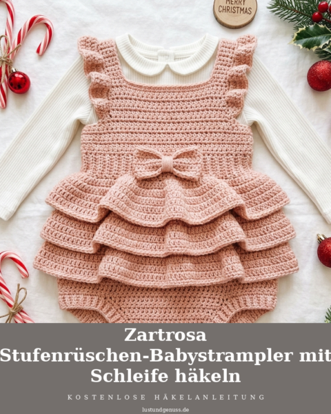 Zartrosa Stufenrüschen-Babystrampler mit Schleife häkeln