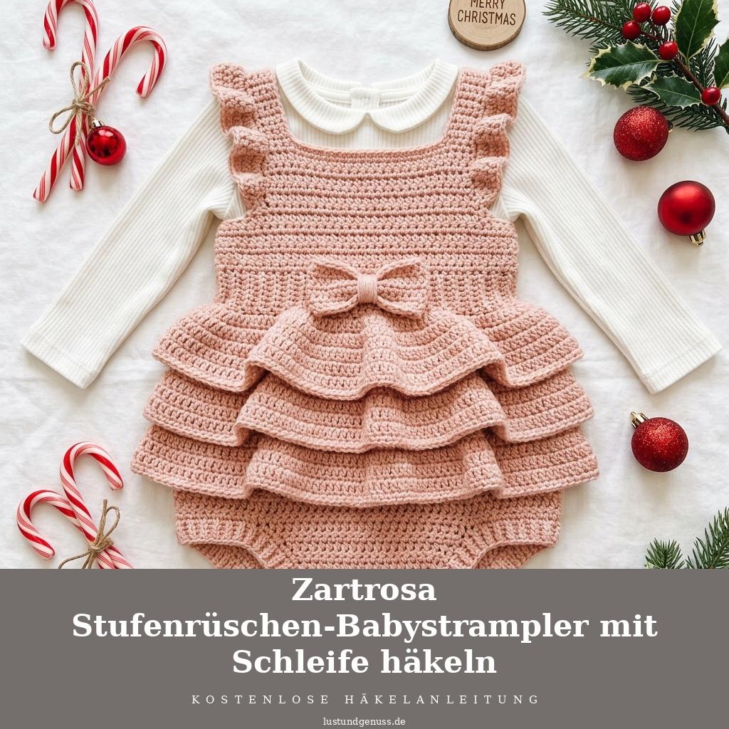 Zartrosa Stufenrüschen-Babystrampler mit Schleife häkeln