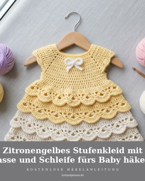 Zitronengelbes Stufenkleid mit Passe und Schleife fürs Baby häkeln