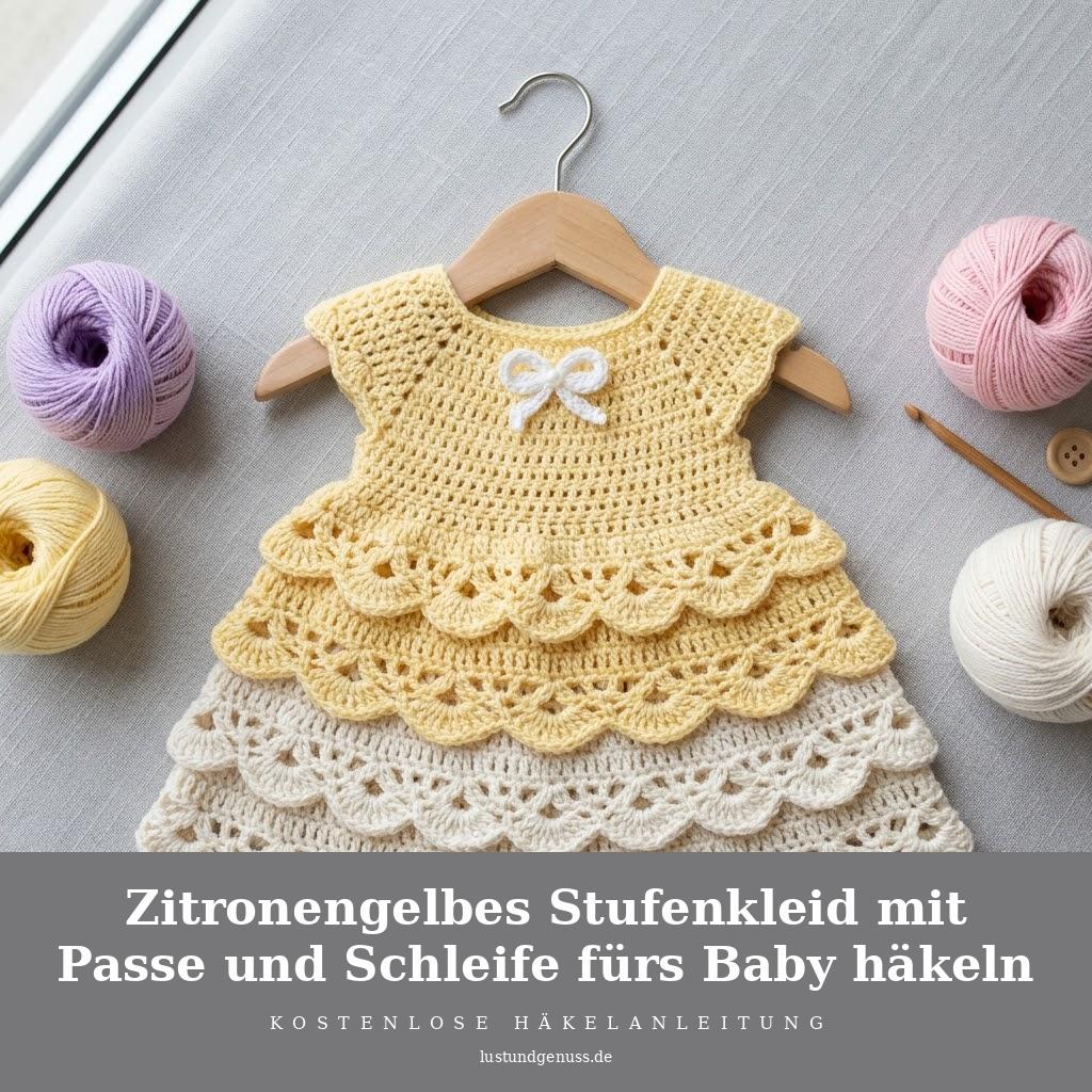 Zitronengelbes Stufenkleid mit Passe und Schleife fürs Baby häkeln