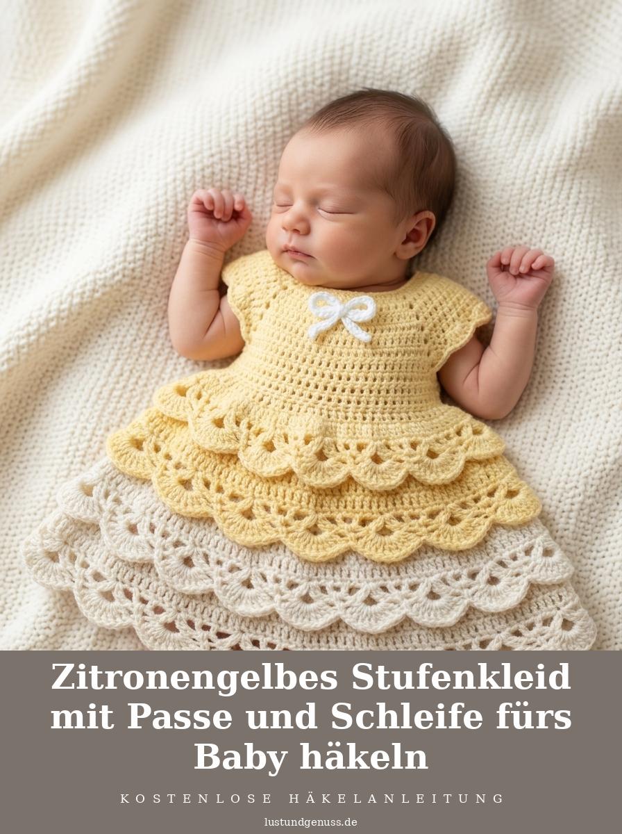 Zitronengelbes Stufenkleid mit Passe und Schleife fürs Baby häkeln