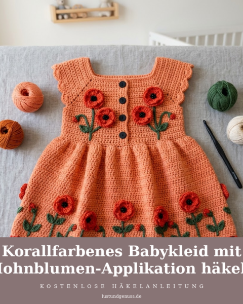 Korallfarbenes Babykleid mit Mohnblumen-Applikation häkeln