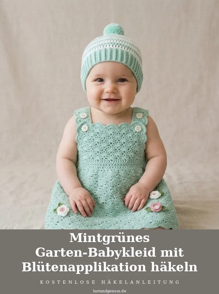 Mintgrünes Garten-Babykleid mit Blütenapplikation häkeln