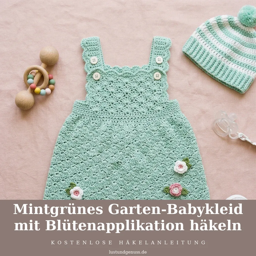 Mintgrünes Garten-Babykleid mit Blütenapplikation häkeln