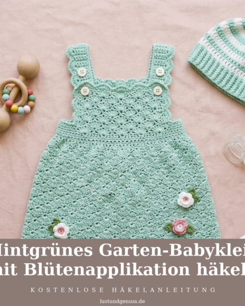 Mintgrünes Garten-Babykleid mit Blütenapplikation häkeln