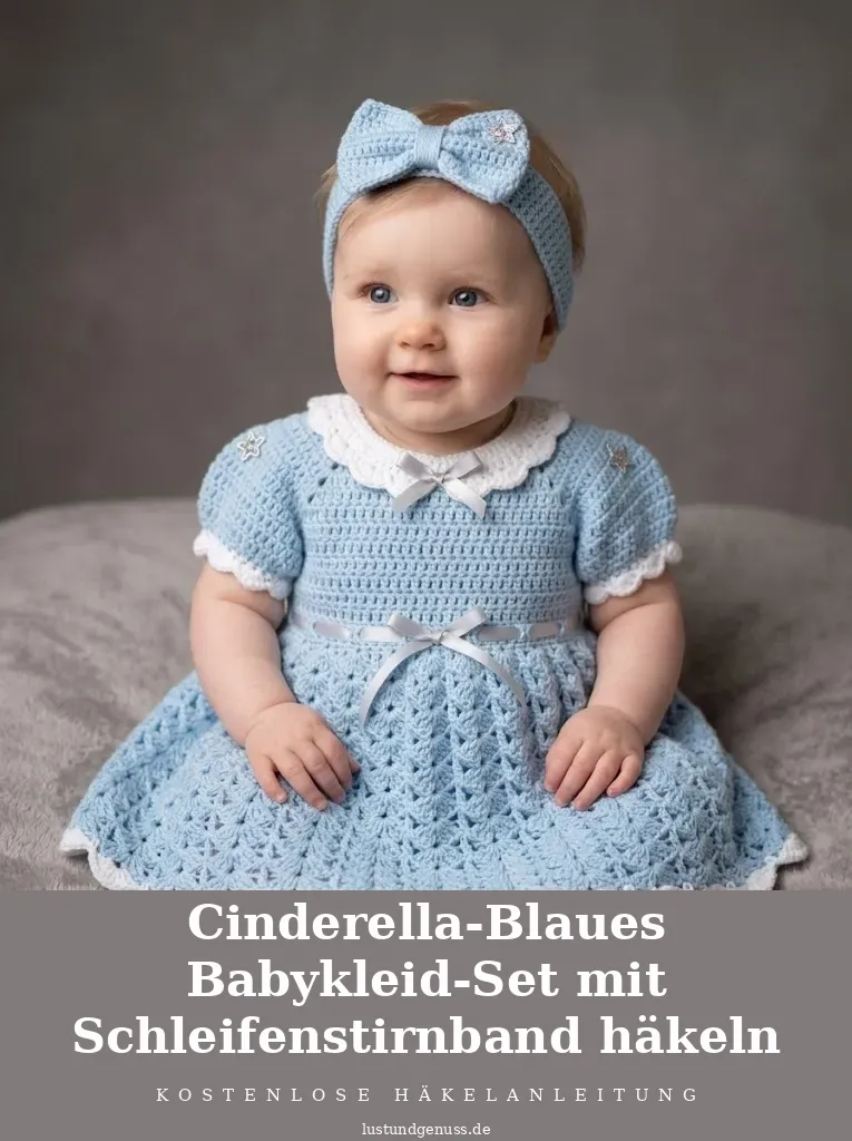 Cinderella-Blaues Babykleid-Set mit Schleifenstirnband häkeln